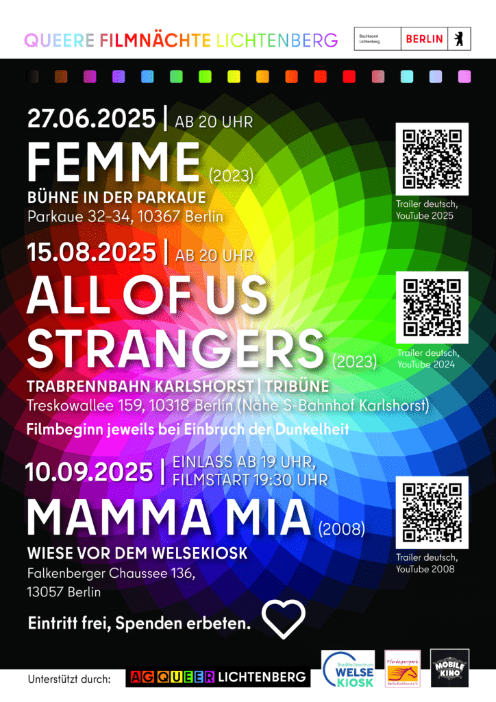 Die AG Queer Lichtenberg zeigt am 27. Juni 2025 auf der Bühne in der Parkaue den queeren Film FEMME – als Auftakt der Queeren Kunst- und Kulturtage im Stadtpark Lichtenberg. Eintritt frei!